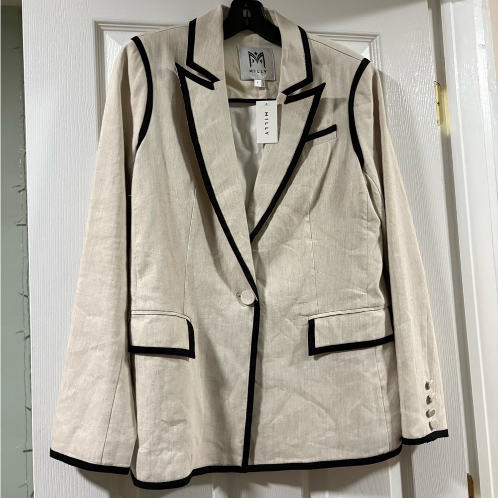 Milly Beige Solid Linen-Blend On Button Blazer wi… - image 4